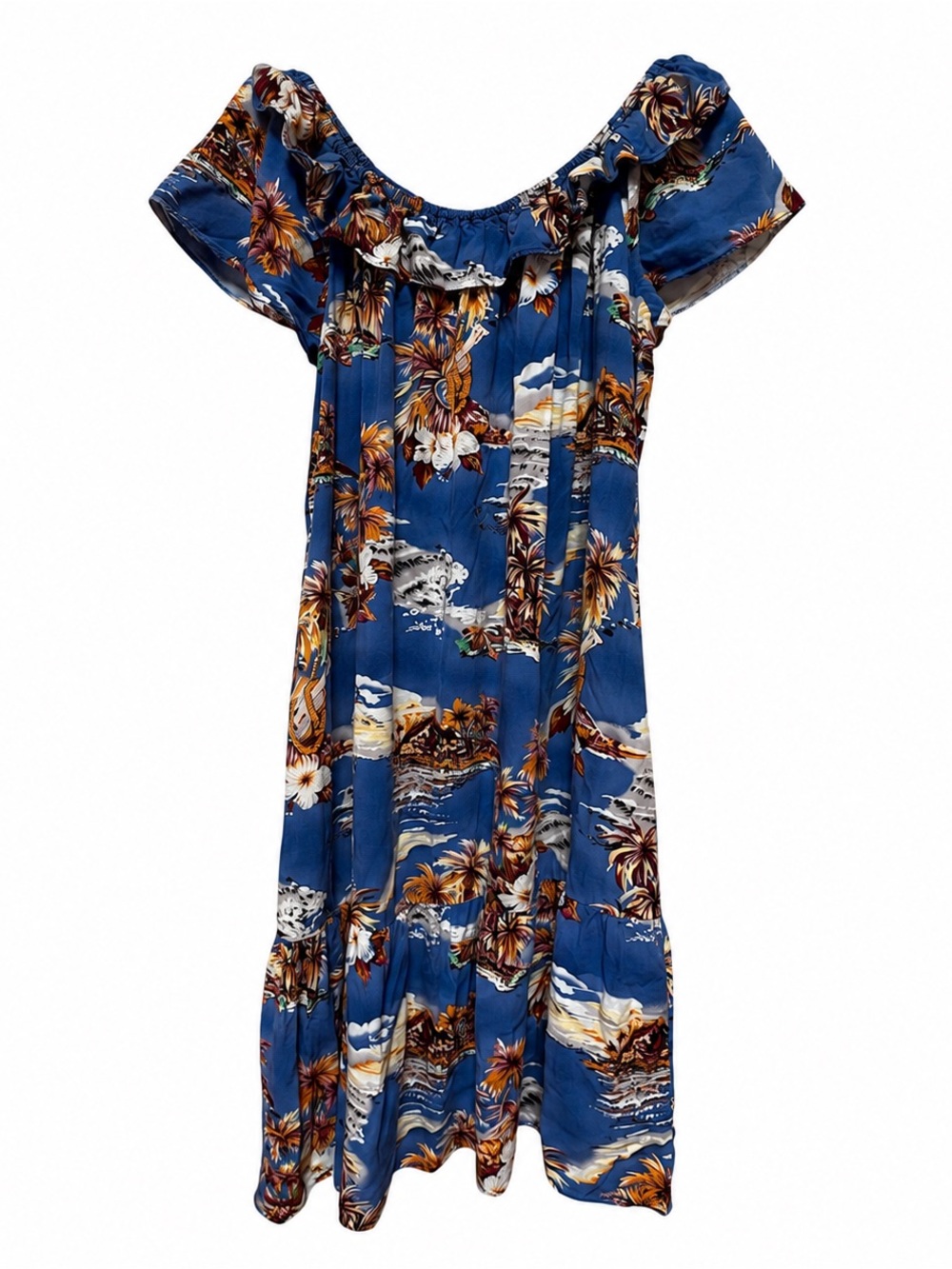 Hilo Hattie Blue Tropical One-Shoulder Maxi Dress with Brown & White Accents